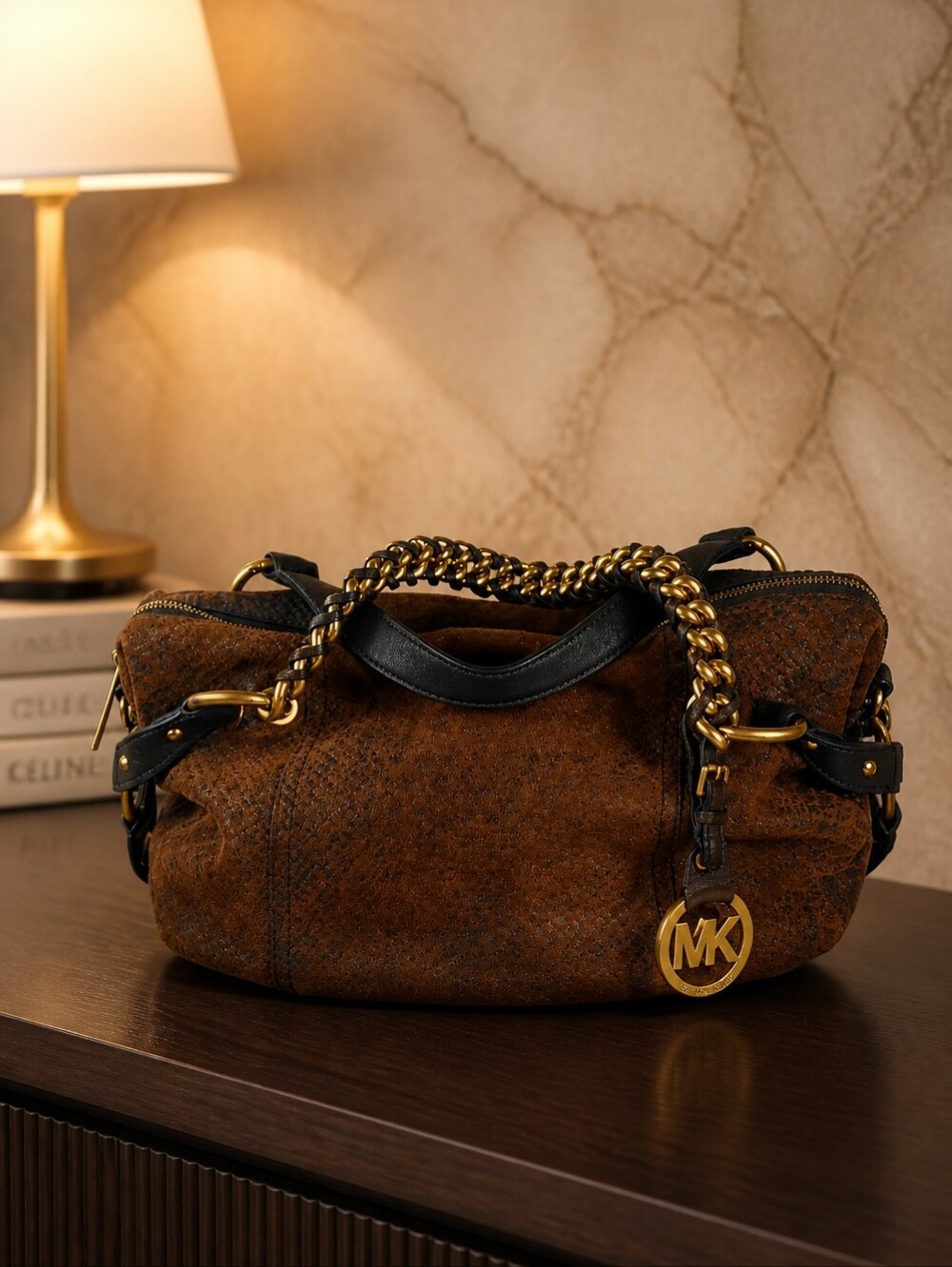 MICHAEL KORS Exotic Snake Embossed Leather/Suede FULTON Hobo w/Chain Accent